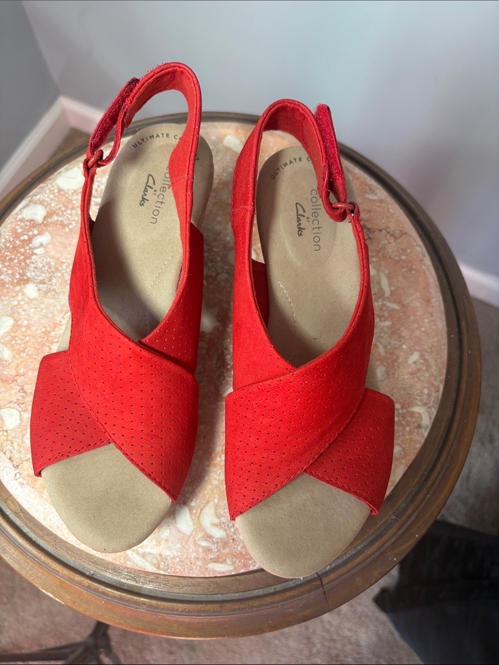6.5 Clarks Red Suede Crisscross Slingback Sandals